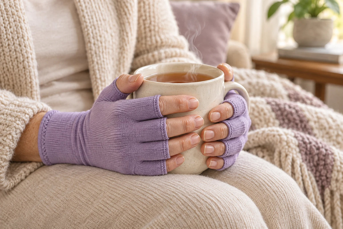 Gants de compression Venelia violets - confort au quotidien avec une tasse